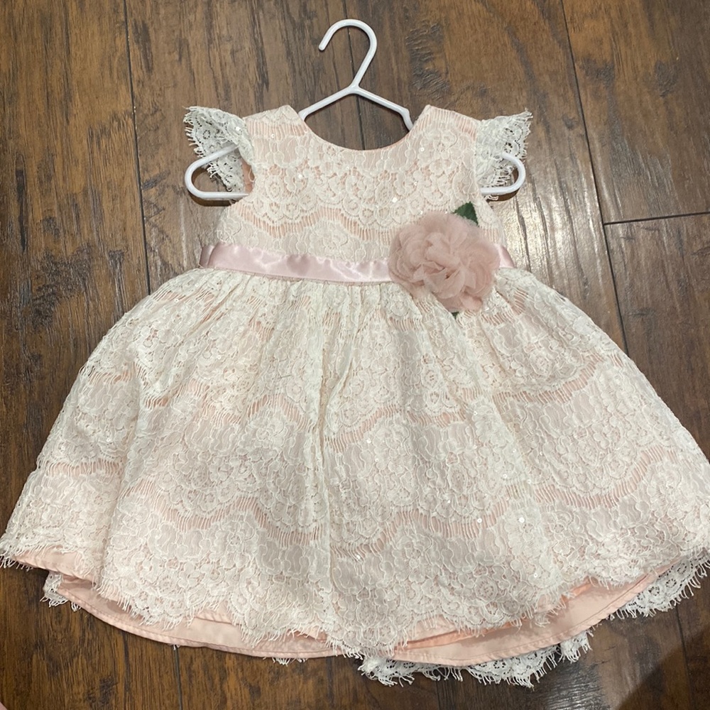 White lace over blush pink liner flower girl dress